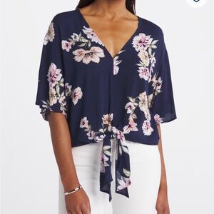 Thee tie front Navy Floral Short Sleeve Women's Blouse by LUQ, stitch fix